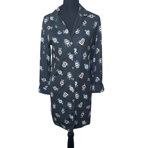 ModCloth Robot Breakfast For Dinner Long Sleeve Sleep Shirt Navy Women Sz S NWT - Picture 2 of 10